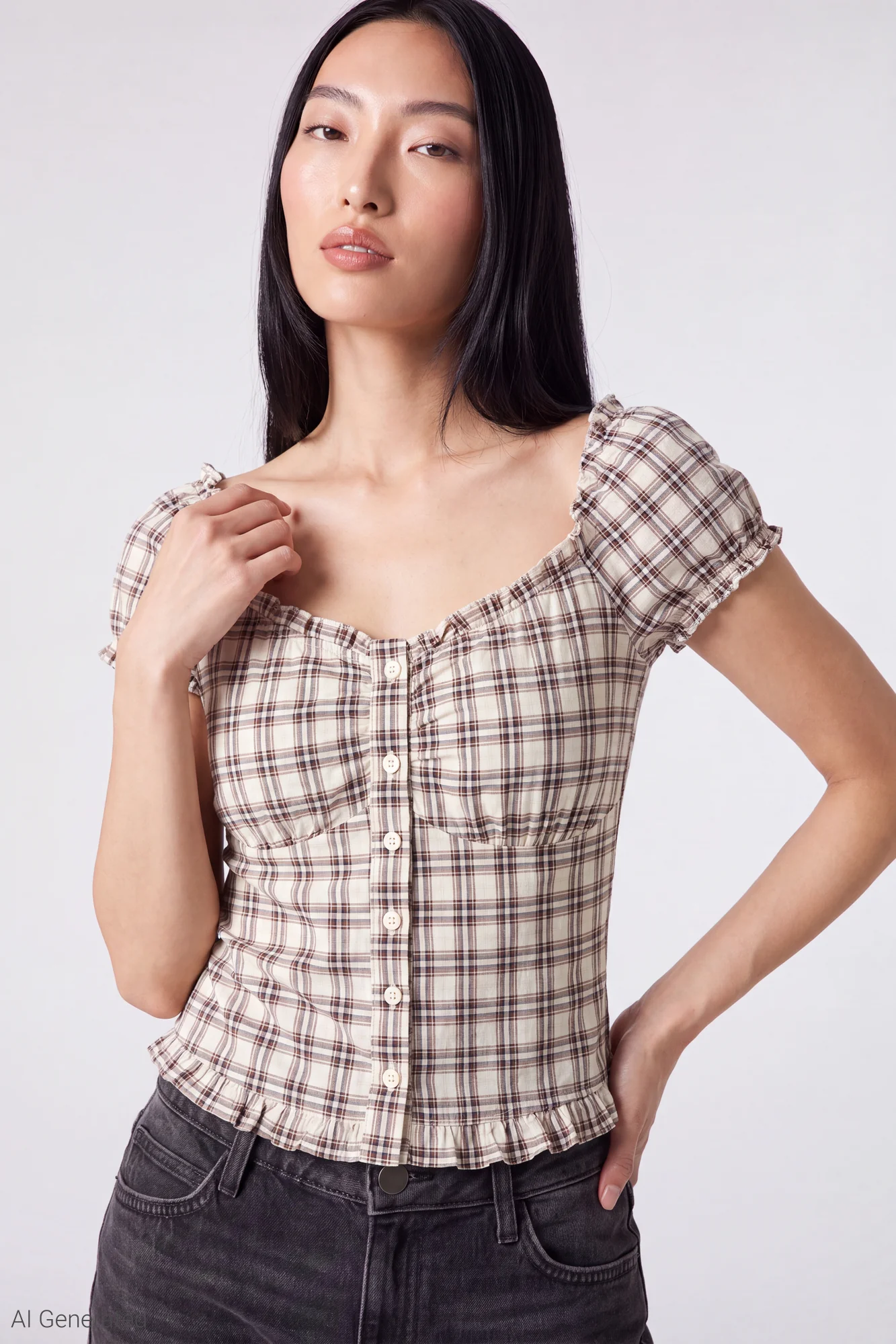 Plaid Button Front Puff Sleeve Top