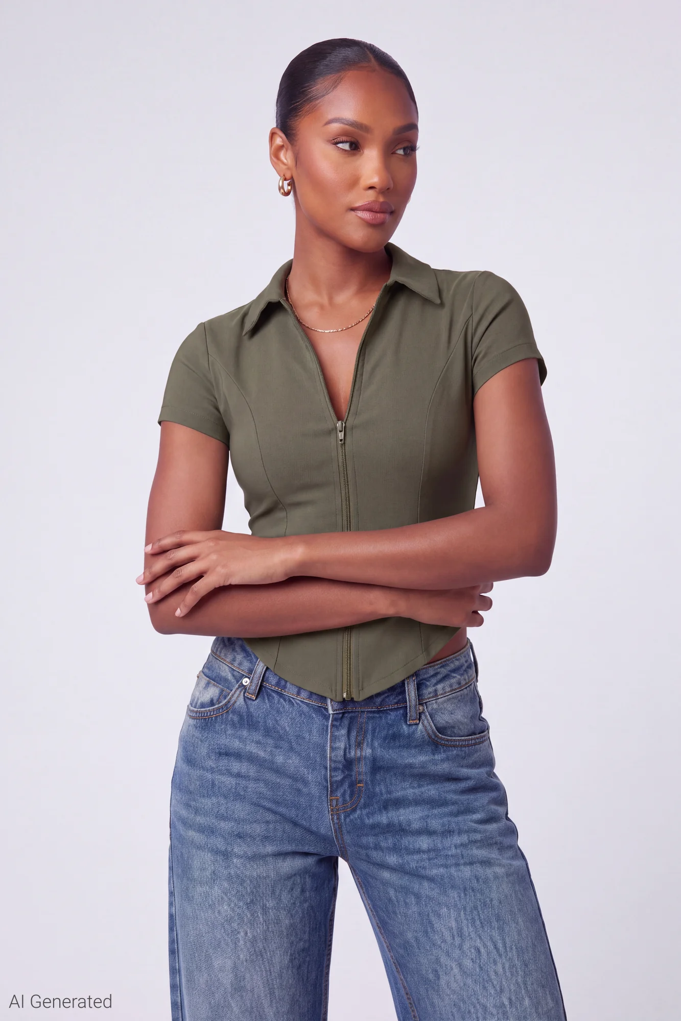 Collared Zip-Up Short Sleeve Top