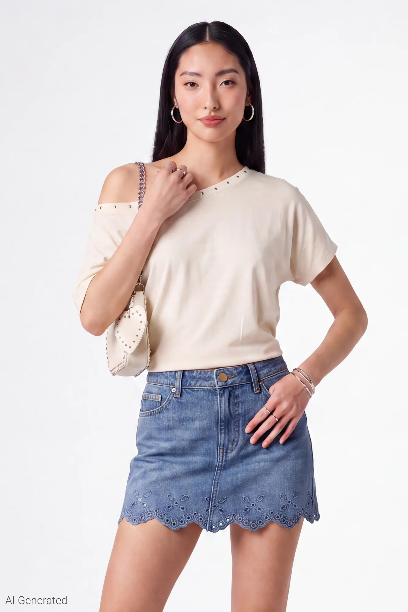 Denim Eyelet Trim Mini Skirt