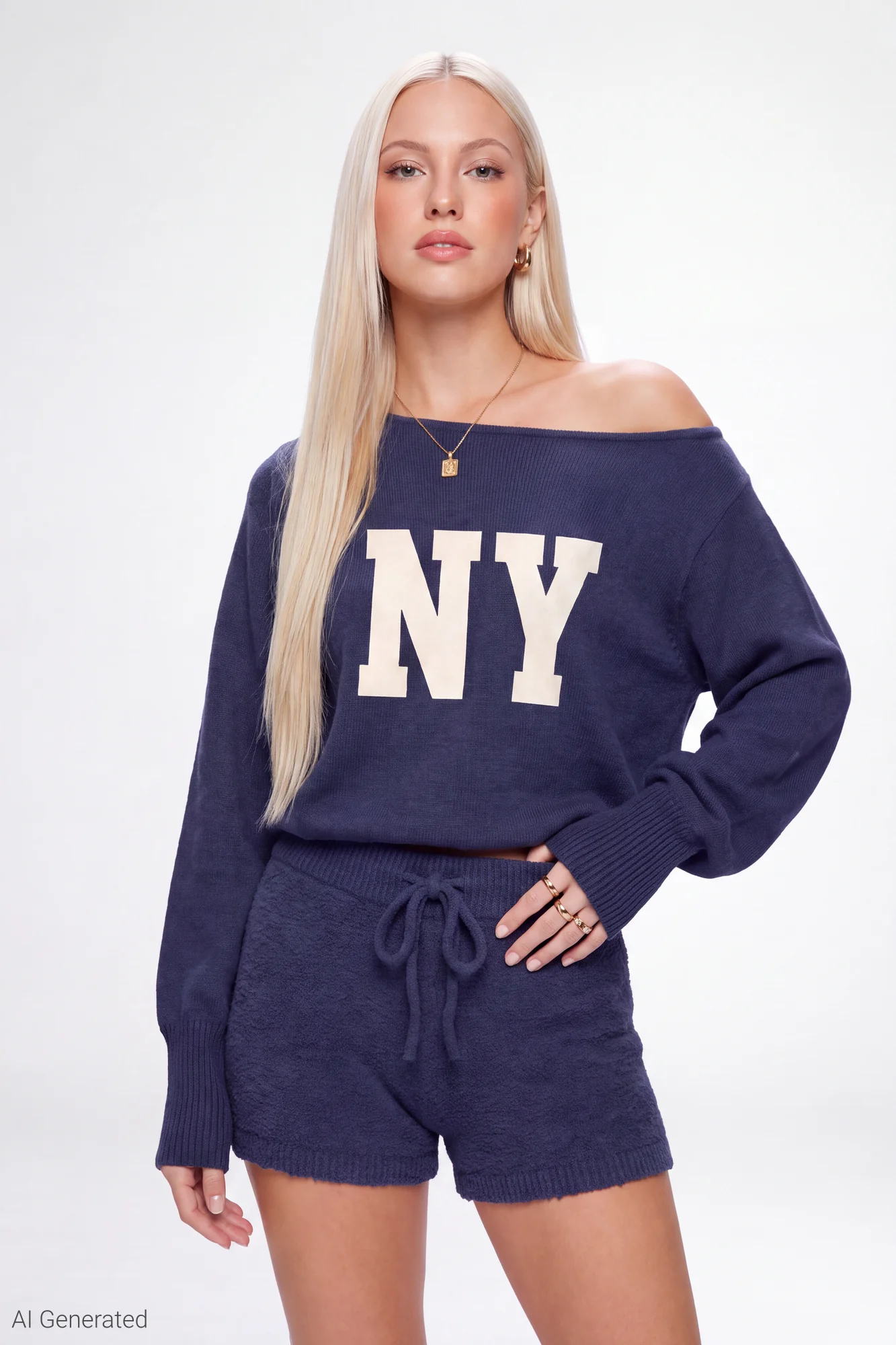 Graphic Off Shoulder Knit Top & Short Set