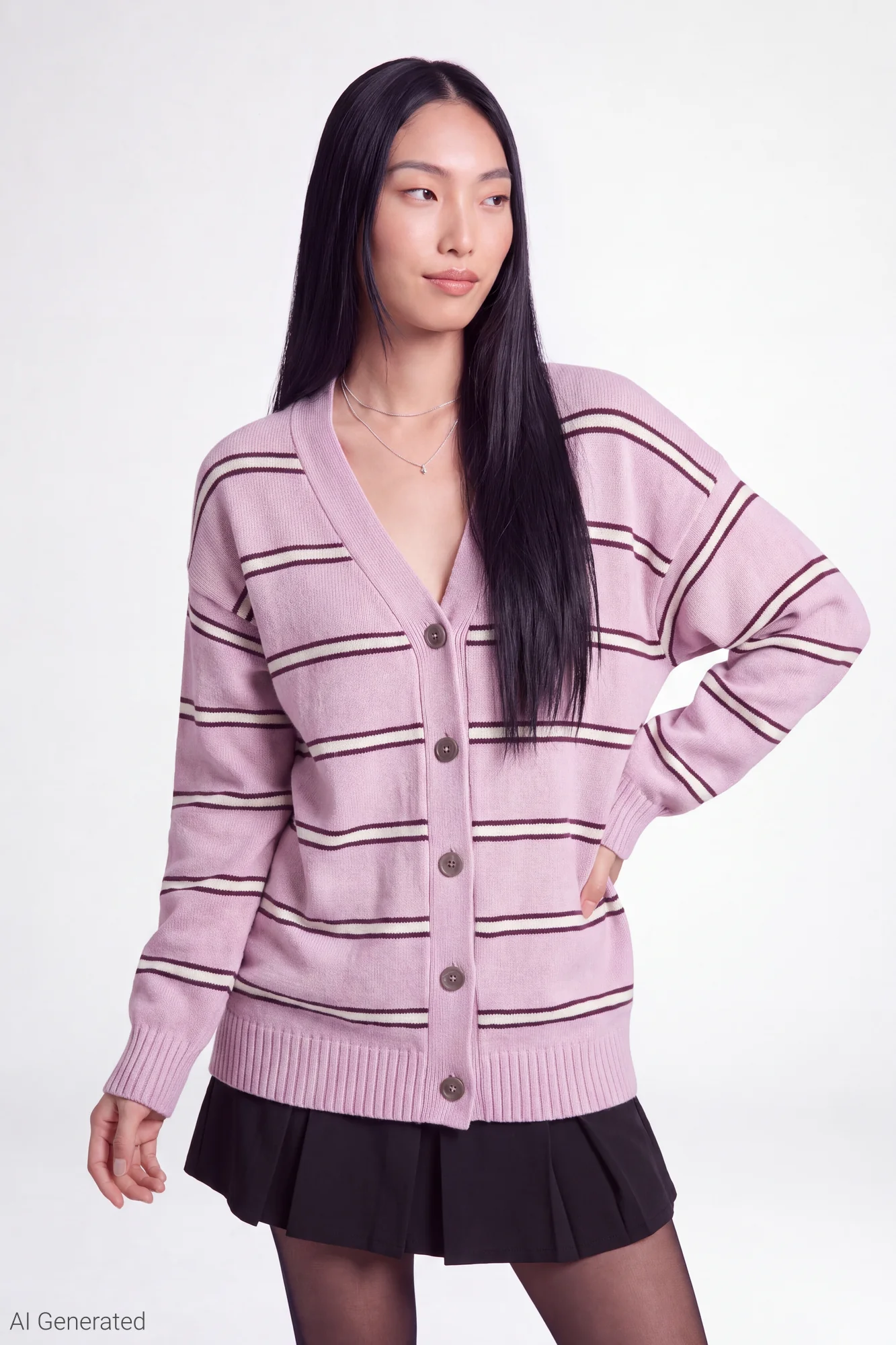 Striped V-Neck Button-Up Cardigan