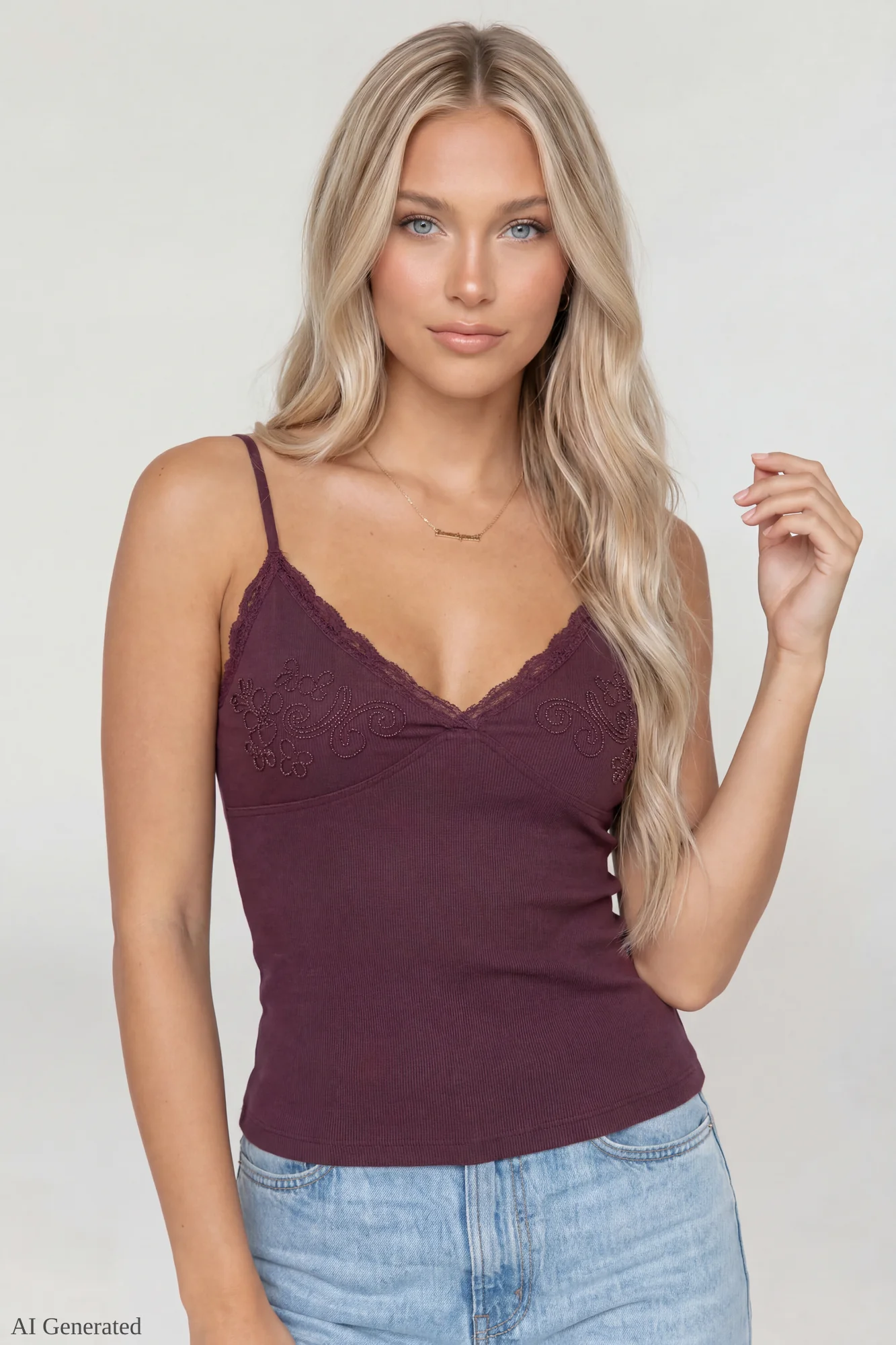 Beaded Lace Trim V-Neck Tank