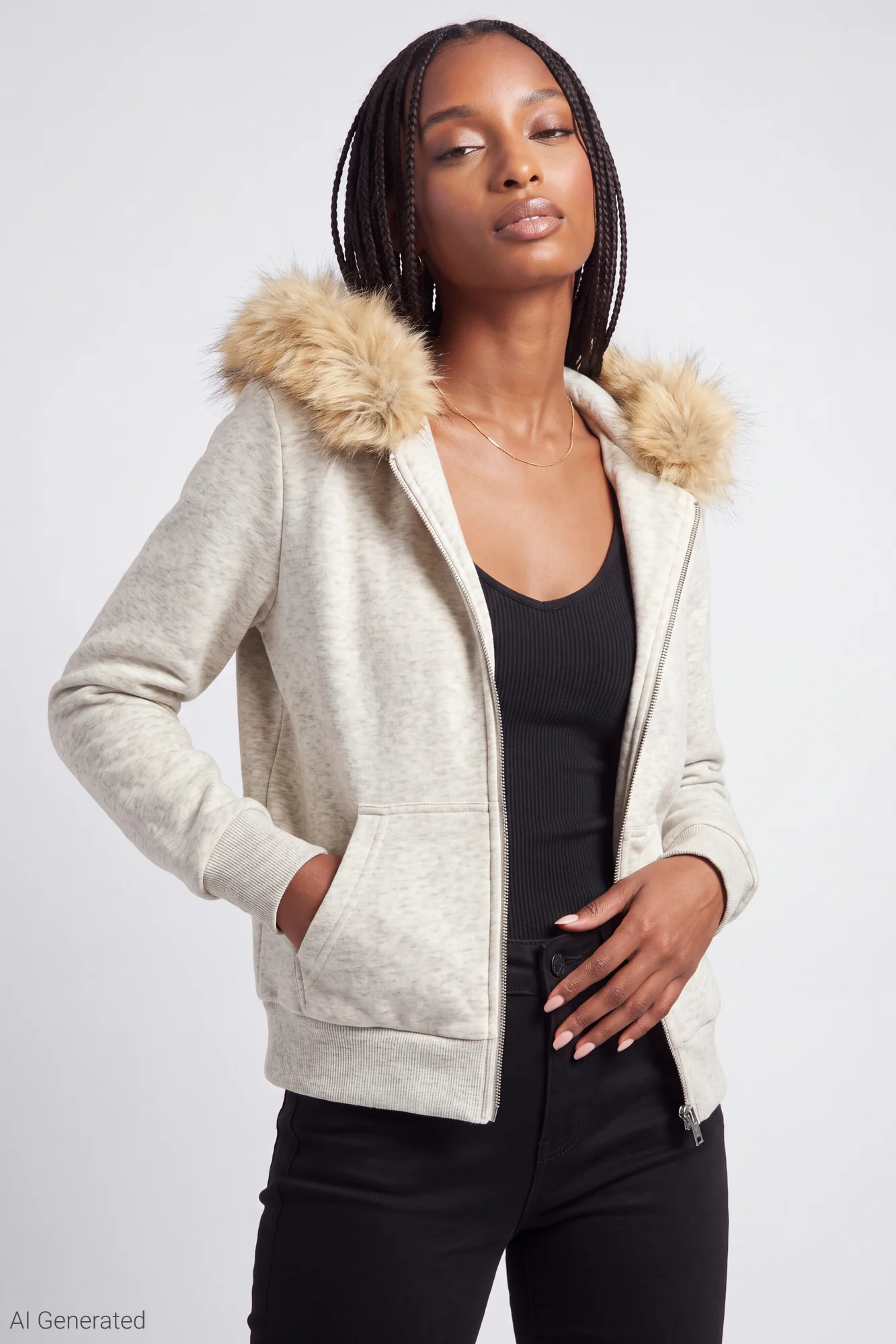 Fleece Faux Fur Trim Zip Hoodie