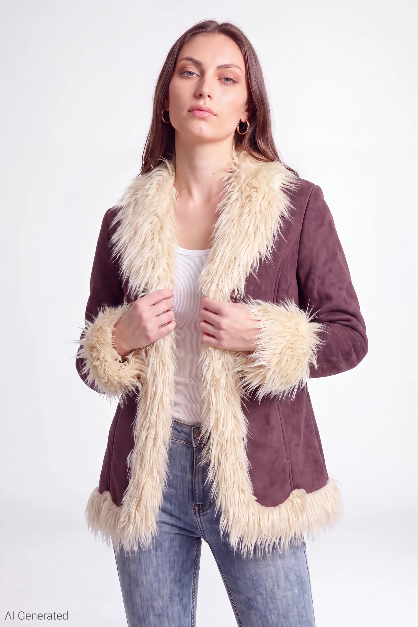 Faux Suede Jacket with Faux Fur Trim