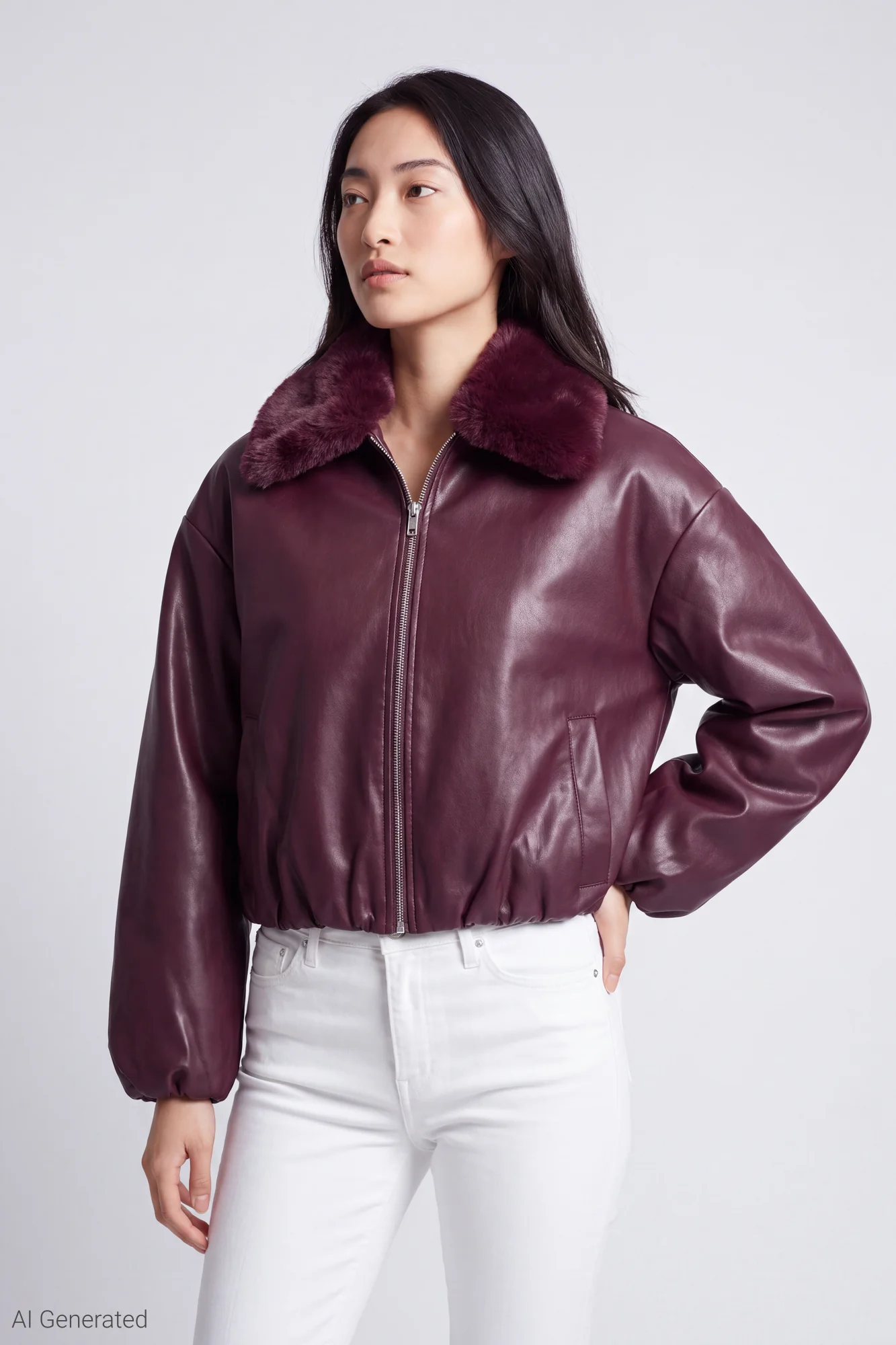 Faux Fur Collar Faux Leather Bomber Jacket