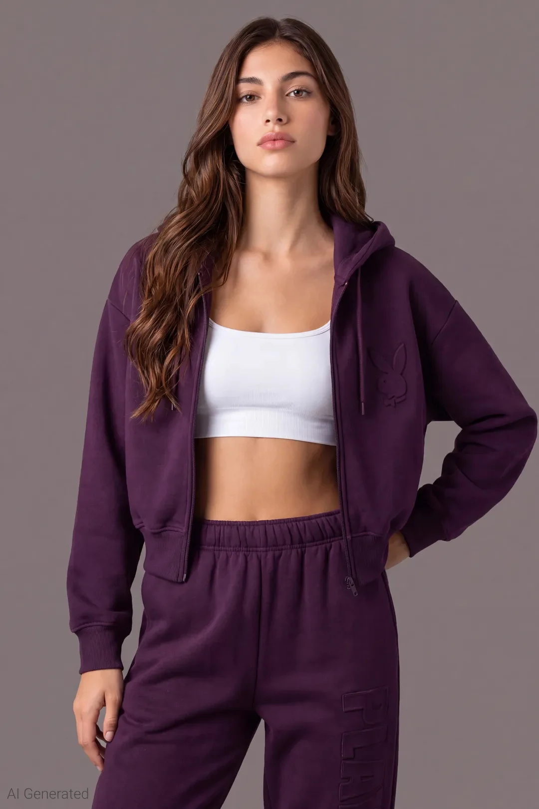 Playboy Embossed Cropped Zip Fleece Hoodie