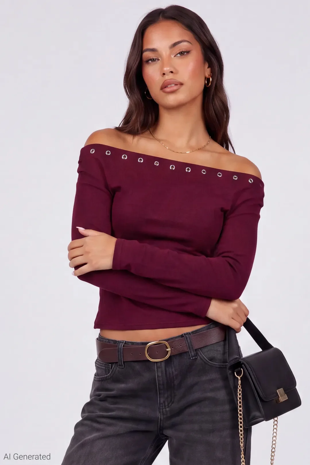 Studded Off Shoulder Long Sleeve Top