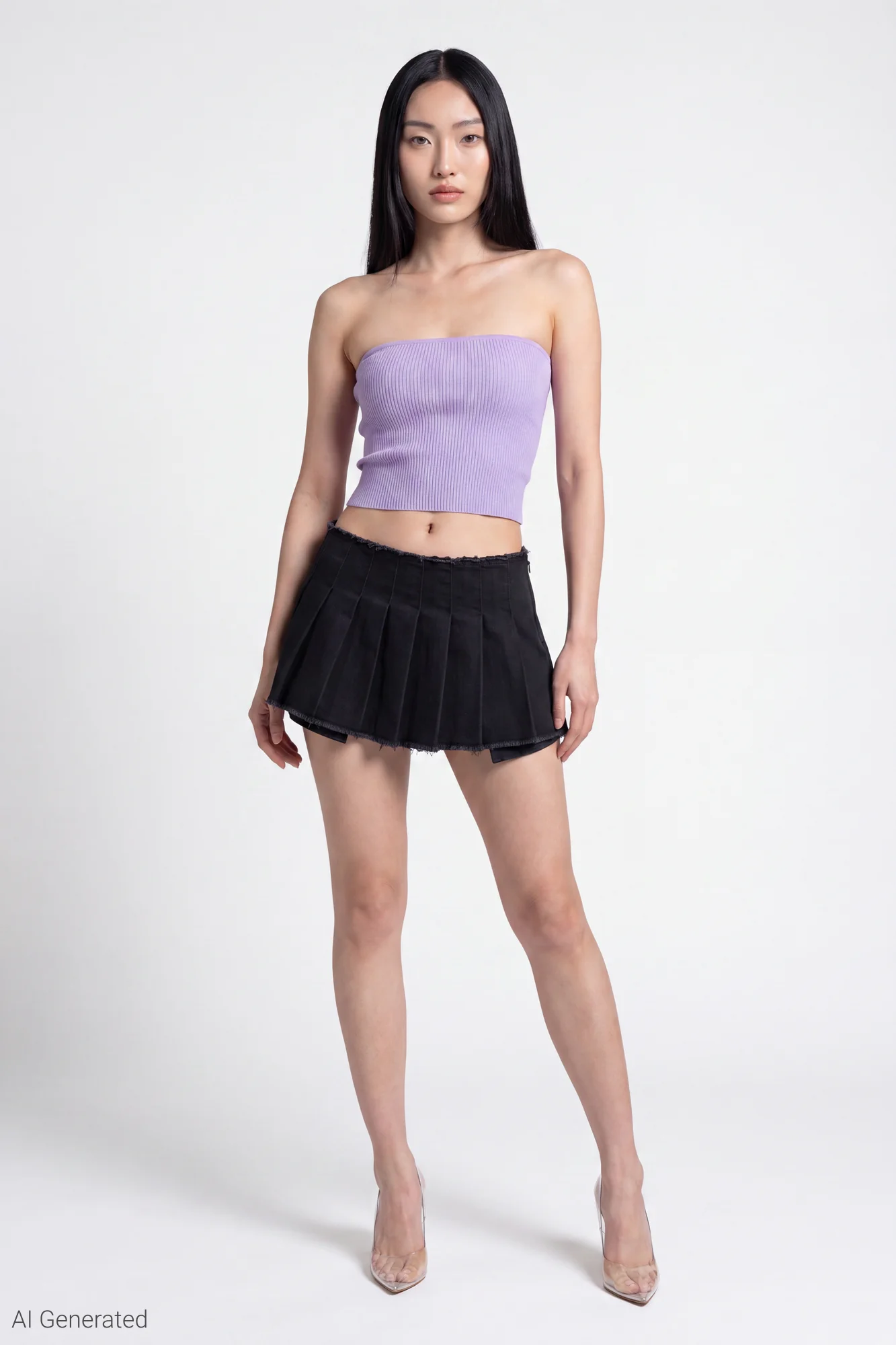 Stretch Denim Low Rise Pleated Mini Skort