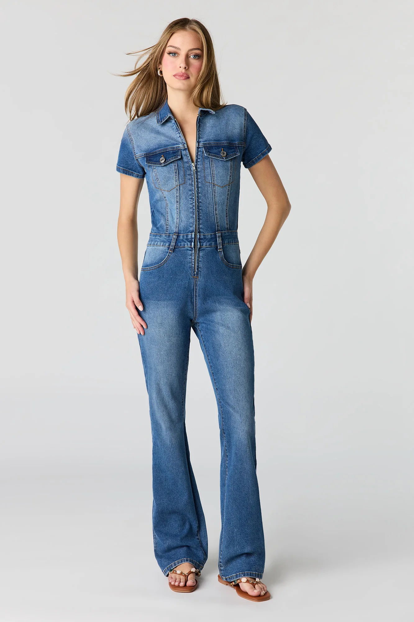 Stretch Denim Short Sleeve Jumpsuit