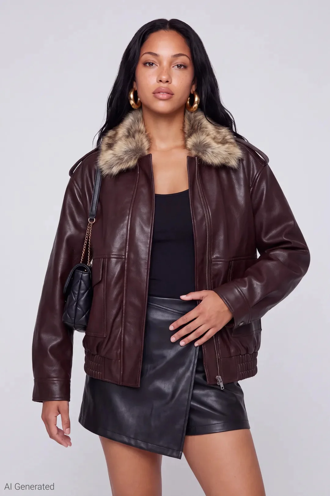 Faux Leather Oversized Jacket with Faux Fur Collar